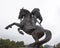 Equestrian statue of Russian national hero Evpatiy Kolovrat in the center of Ryazan. Cloudy summer view.