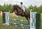 Equestrian woman jumping sportive horse in summer fields