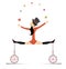 Equilibrist woman on the unicycle juggles balls illustration