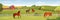 Equine farm landscape. Equestrian ranch stable yard running horses, horse eating grass on summer field, purebred