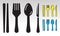 Equipment dining silverware or tableware vector flat icon  spoons, knife, chopsticks and fork on a transparent background