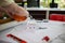 Equipment and drawings lying on desks inside the offices of architects and engineers. background of an architect\'s workbench