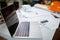 Equipment and drawings lying on desks inside the offices of architects and engineers. background of an architect\\\'s workbench