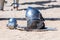 Equipment knight - the participant in the knight festival - shield, sword, helmet and glove lie on the ground near the lists