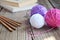 The equipment for knitting and crochet hook, colorful rainbow cotton yarn, ball of threads, wool. Handmade crocheting crafts. DIY