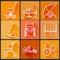 The equipment for people with disabilities. Set of bright icons flat in a fashionable style with long shadows in orange tones.
