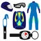 Equipment for skydiving, set. Rig, Altimeter, Hook knife, helmet, jumpsuit, goggles. Vector illustration, isolated.