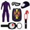 Equipment for skydiving, set. Rig, Altimeter, Hook knife, helmet, jumpsuit, goggles. Vector illustration, isolated.