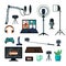 Equipment for streamers and bloggers set. Special lights and digital cameras powerful microphones for online podcasts