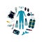 Equipment and suit for watersports and diving flat vector illustration isolated.