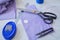 Equipment and tools for sewing on table at atelier - top view - background