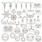 Equipment for transport driving set. Helmet, rudder, steering wheels thin line icons