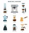 Equipment for various ways to brew coffee, detailed flat icon set. Different coffee making methods. Vector illustration.