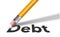 An eraser is seen erasing the word debt from a piece of paper