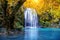 Erawan waterfall in autumn, Thailand. Beautiful waterfall with emerald pool in nature