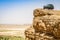 Erfoud, Morocco - April 15, 2015. Old vinage off road car on viewpoint on rock cliff