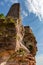 Erfweiler, Germany, August 30, 2023: Walls and Rocks of Castle Altdahnt in Dahner Felsenland, Rhineland-Palatinate