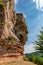 Erfweiler, Germany, August 30, 2023: Walls and Rocks of Castle Altdahnt in Dahner Felsenland, Rhineland-Palatinate