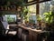 Ergonomic home office with dual monitors and plants