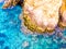 Ðerial view. Rocks on the coast of Lloret de Mar in a beautiful summer day,sandy beach, Costa Brava, Catalonia, Spain.