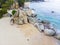 Ðerial view. Rocks on the coast of Lloret de Mar in a beautiful summer day,sandy beach, Costa Brava, Catalonia, Spain.