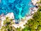 Ðerial view. Rocks on the coast of Lloret de Mar in a beautiful summer day,sandy beach, Costa Brava, Catalonia, Spain.