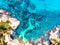 Ðerial view. Rocks on the coast of Lloret de Mar in a beautiful summer day,sandy beach, Costa Brava, Catalonia, Spain.