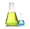 Erlenmeyer flasks with color liquids isolated on . Solution chemistry