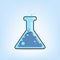 Erlenmeyer Graduated Glass Narrow Mouth. Chemistry bottle with blue liquid bubbling up. flat vector illustration.