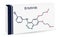 Erlotinib drug molecule. It is used to treat lung cancer. Skeletal chemical formula. Paper packaging for drugs