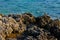 Eroded grey volcanic rocks on the coast of the adriatic sea