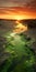 Eroded Interiors: Captivating Green Algae On Beach At Sunset