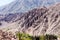 Eroded mountains in the Argentine Andes and green vegetation