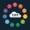 ERP Enterprise resource planning modules with cloud diagram chart link to line icon module in Hexagon corner arc on dark blue
