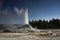 Erupting castle geyser and toirtoise shell pool in Yellowstone national park