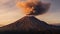 Erupting mountain, smoke filled sky, fiery landscape, nature destructive beauty generated by AI