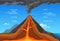 Erupting volcano column of smoke vector flat illustration. Fuming volcanic with fiery lava