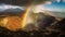 Erupting volcano spews smoke and ash over panoramic mountain range generated by AI