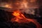 eruption of fiery lava, flowing down the side of a mountain