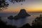 Es Vedra and Es Vendrell islands at sunset in Ibiza