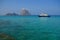 Es Vedra. Ibiza. Spain - 26 may 2018. Water taxi (boat) near the mystical island