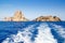 Es Vedra islet and Vedranell islands in blue