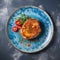 Escalope De Veau On A Blue Abstraction Round Plate, French Dish. Generative AI