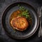 Escalope De Veau Milanaise On A Black Ornate Round Smooth Plate, French Dish. Generative AI