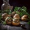 Escargot snails on the table in rustic kitchen. French traditional food