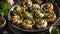 Escargots stuffed with butter and herbs. Selective focus.