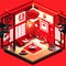 ese restaurant interior isometric vector illustration. Chinese restaurant with red walls large windows and red doors. AI Generated