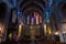 Esglesia de Santa Maria del PI, detail of the central nave with golden chapels and polychrome stained glass windows. Barcelona