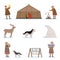 Eskimo characters in traditional clothing, arctic animals, igloo house. Life in the far north. Set of colorful cartoon