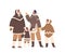 Eskimo Family, Cheerful Parents And Children Characters Stand, Bundled In Furs, Waving Hands, Exemplifying Warmth